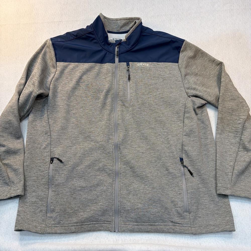 Orvis‎ Jacket XXL Men Gray And Blue Fleece Lined  Full Zip Mock Neck Colorblock